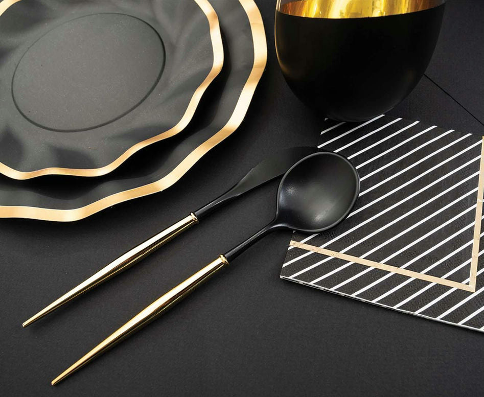 Black and Gold Plastic Cutlery - 24 pcs