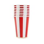 Red striped paper cups stack for birthday or circus theme from Parte Haus party supply store in Bethesda Maryland