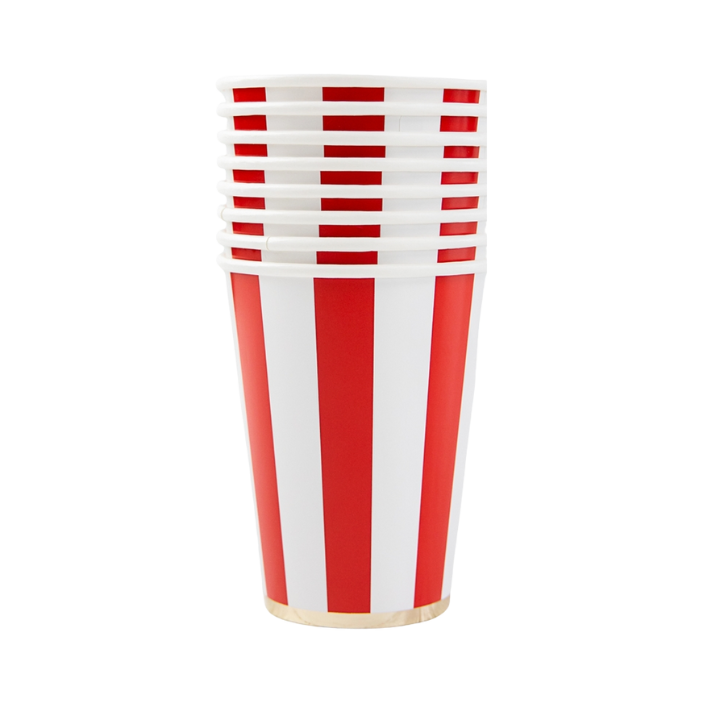 Red striped paper cups stack for birthday or circus theme from Parte Haus party supply store in Bethesda Maryland