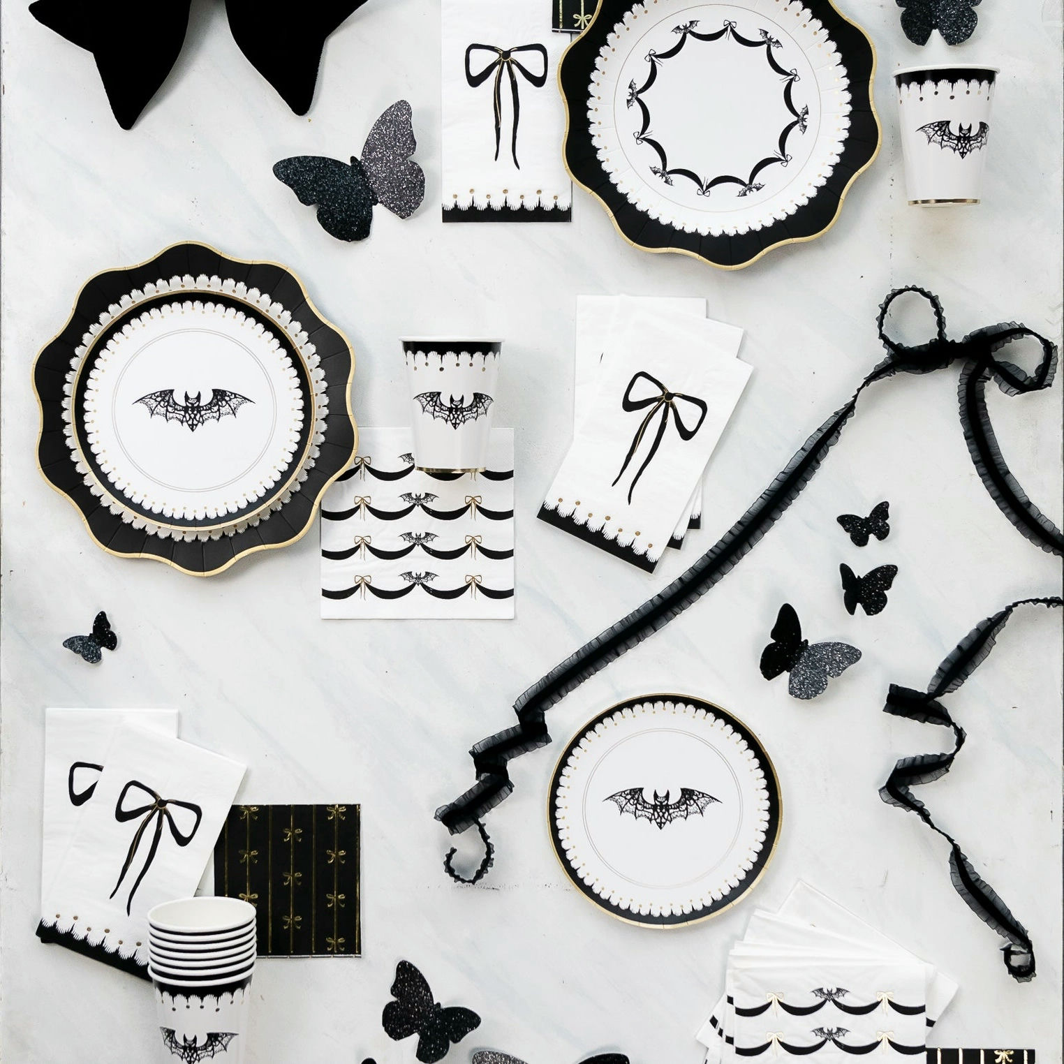 Black with Gold Bow Striped Cocktail Napkins