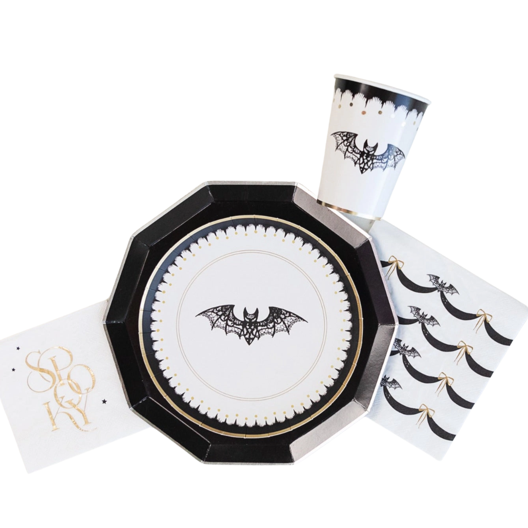 White & Black Elegant Halloween Lacy Bat Small Appetizer Dessert Plates