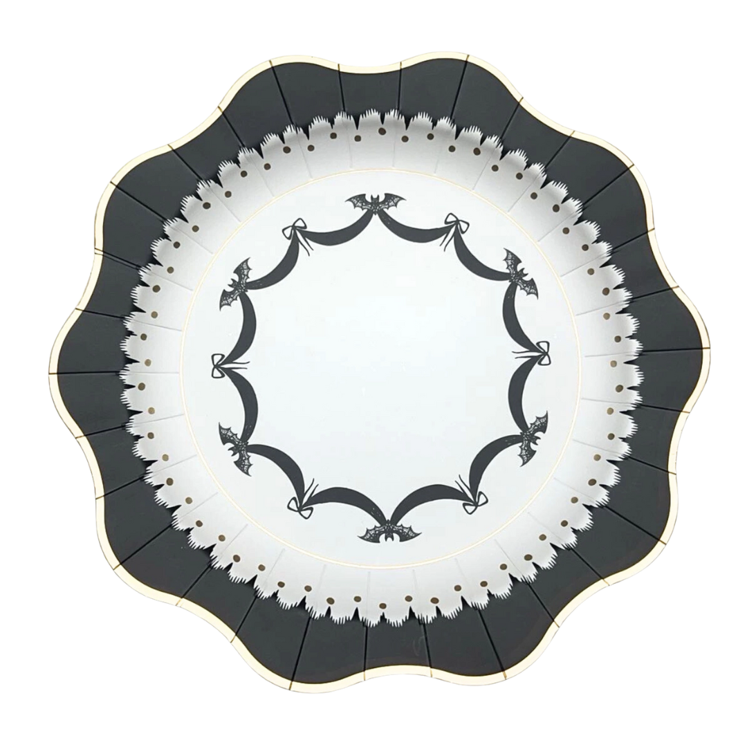 White & Black Elegant Halloween Scalloped Large Dinner Plates