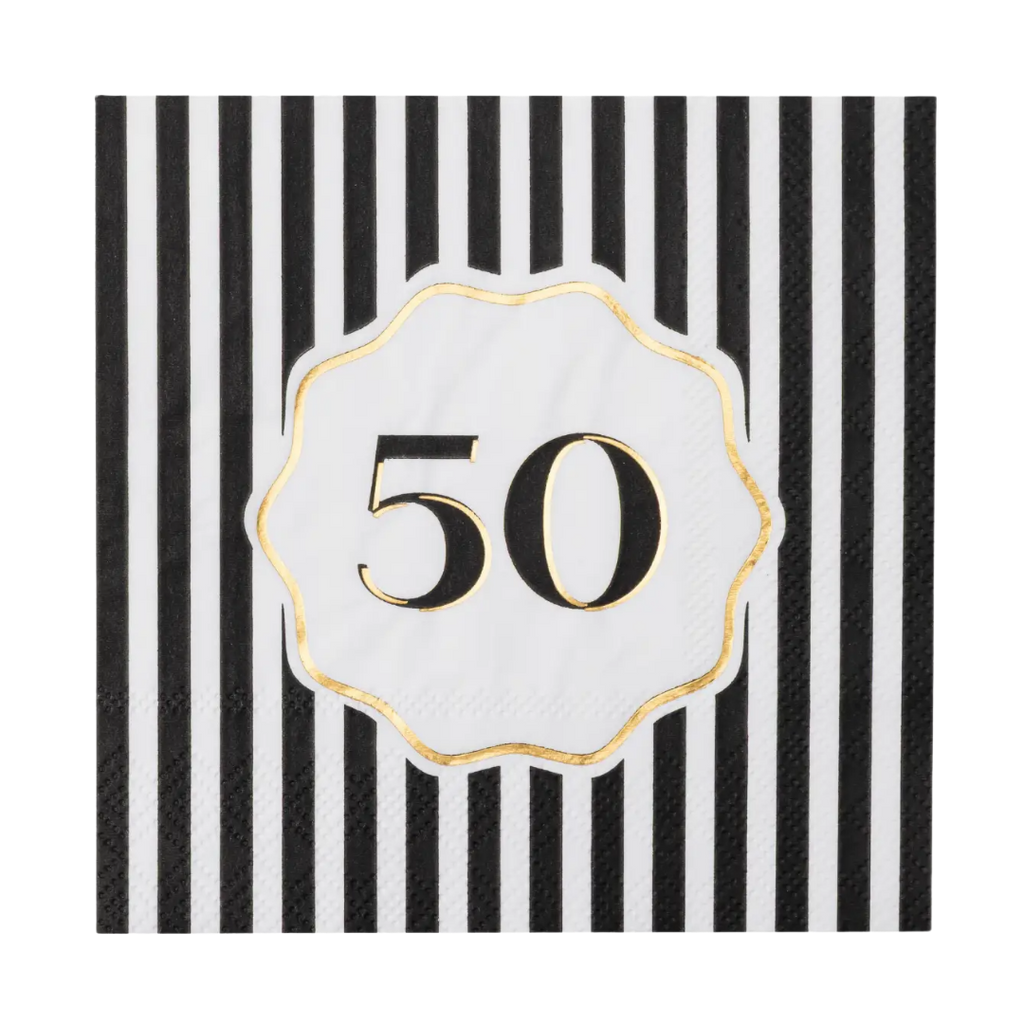 Black and White Striped 50th Birthday Cocktail Napkins