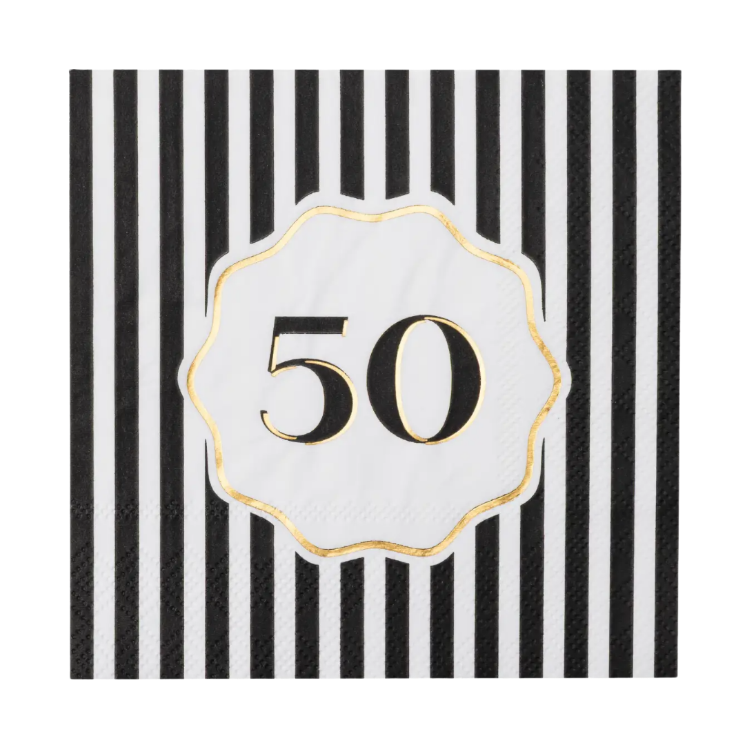 Black and White Striped 50th Birthday Cocktail Napkins