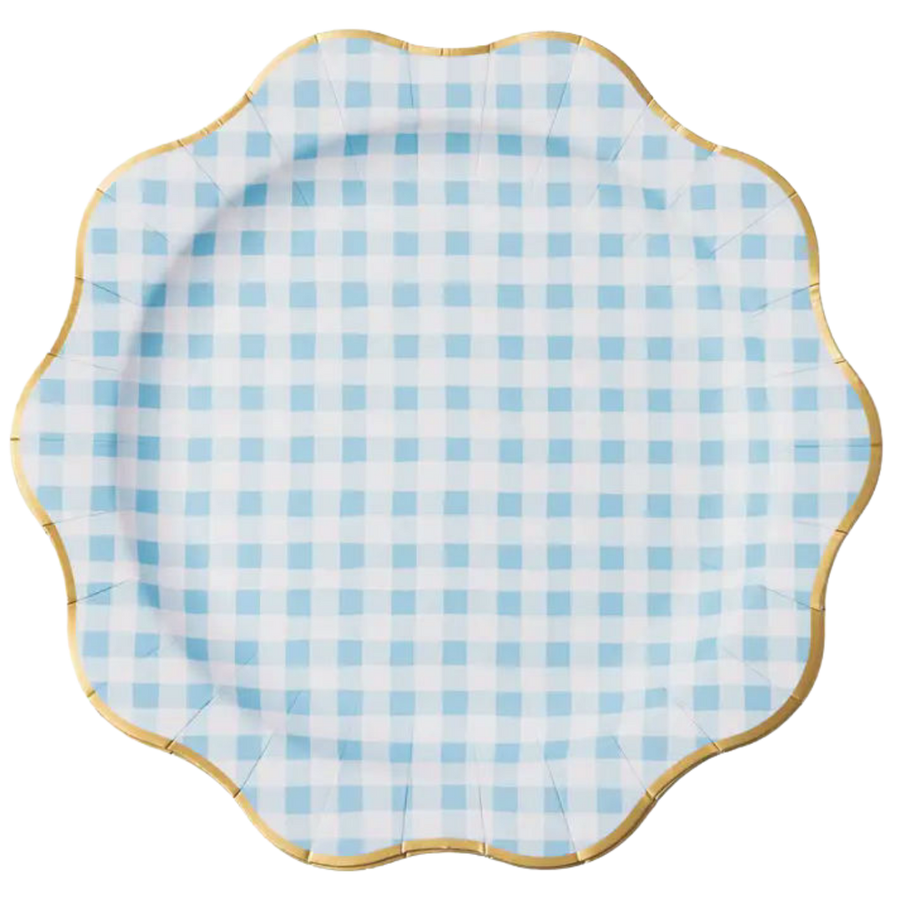 Sky Blue Gingham Scalloped Dinner Plates