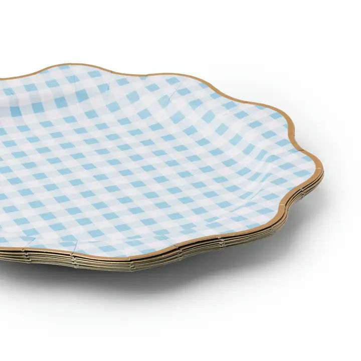 Sky Blue Gingham Scalloped Dinner Plates