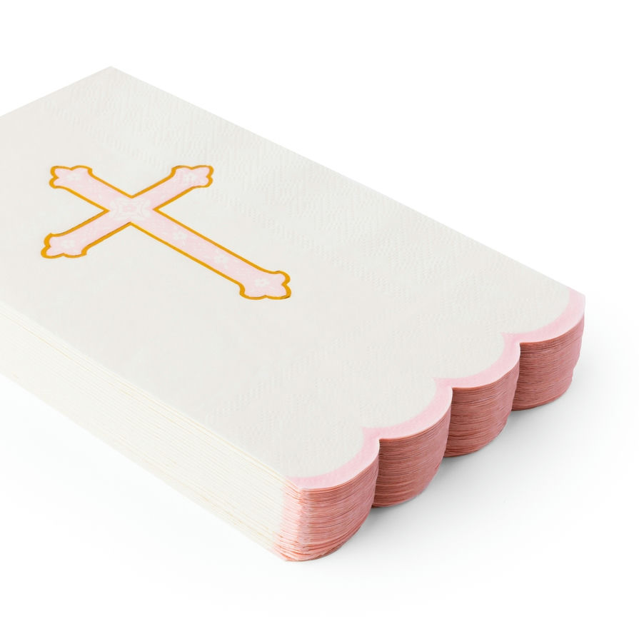 White and Pink Cross Scalloped Guest Napkins