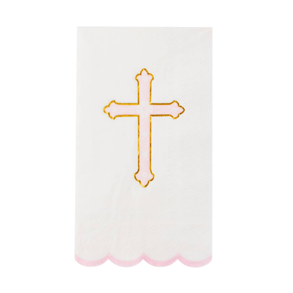 White and Pink Cross Scalloped Guest Napkins