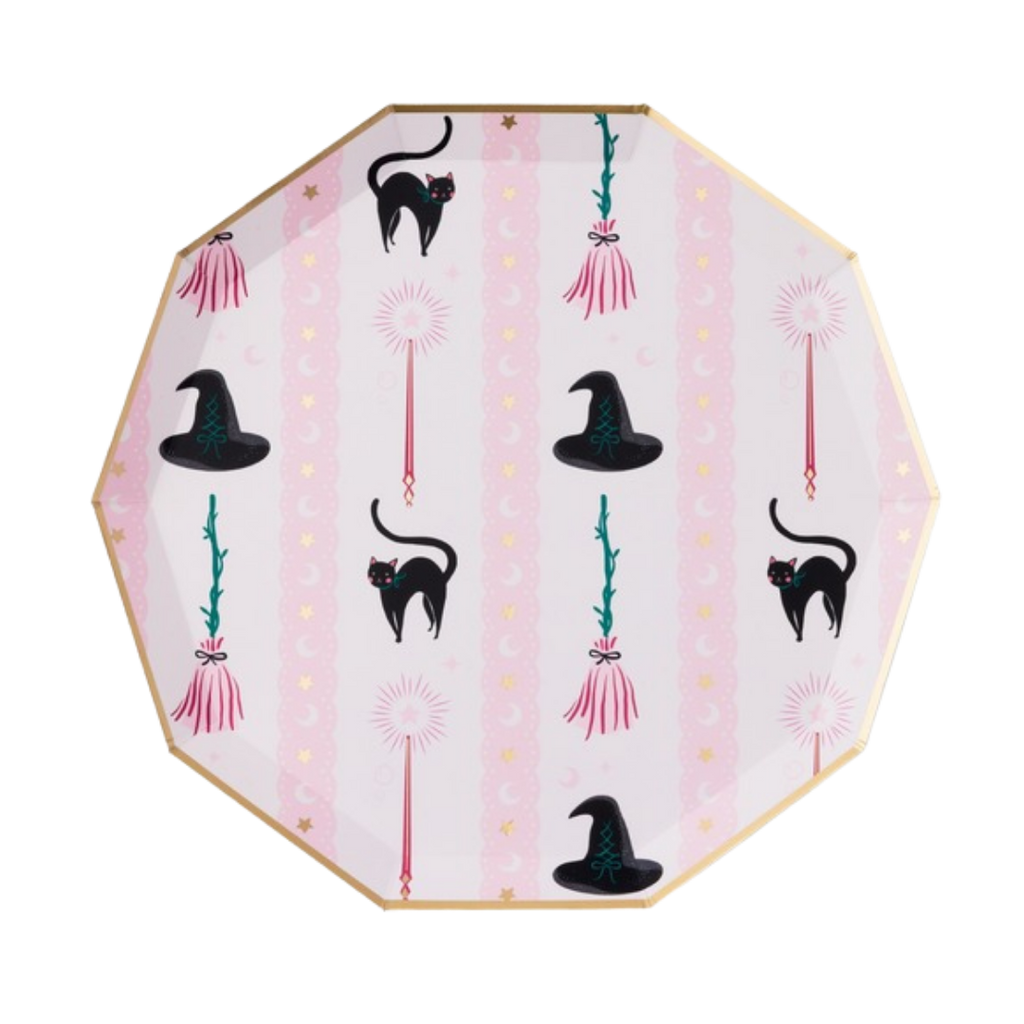 Pink with Black Witch Hat & Broom Large Dinner Plates