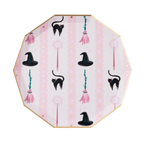Pink with Black Witch Hat & Broom Large Dinner Plates