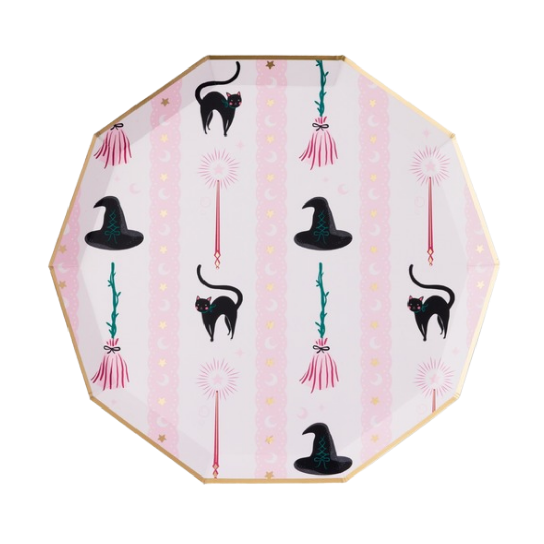 Pink with Black Witch Hat & Broom Large Dinner Plates