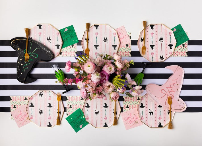 Pink with Black Witch Hat & Broom Large Dinner Plates