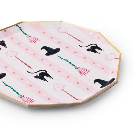Pink with Black Witch Hat & Broom Large Dinner Plates