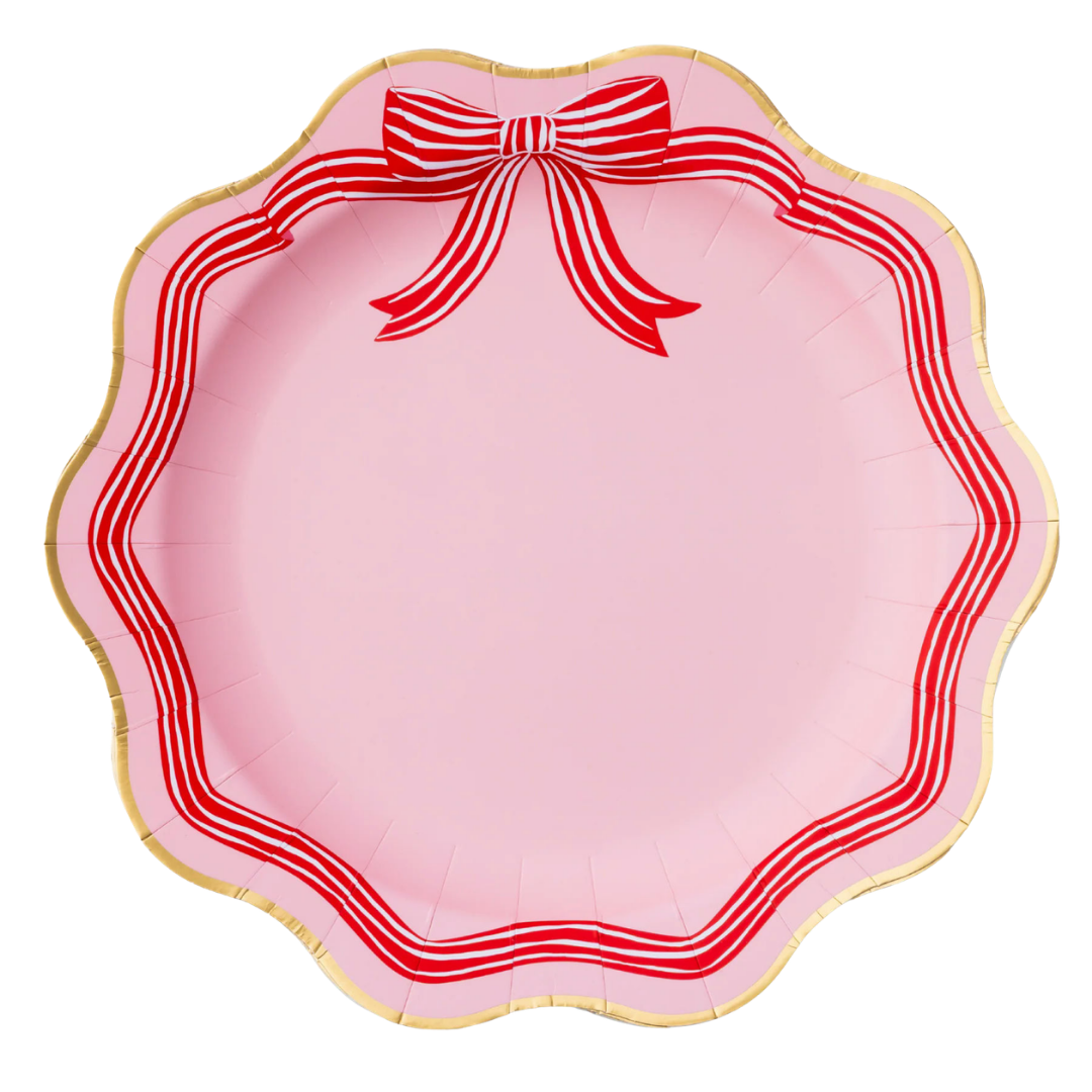 Cutesy Pink & Red Bow Scalloped Dinner Plates