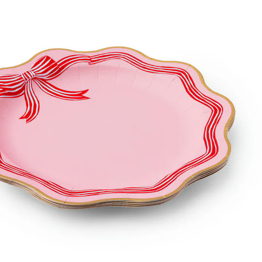 Cutesy Pink & Red Bow Scalloped Dinner Plates