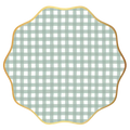 Sage Green Gingham Pattern Scalloped Edge Dinner Plates