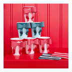 Red and blue bow paper cups with matching striped napkins for patriotic or birthday theme from Parte Haus party supply store in Bethesda MD.