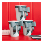 Blue and white bow paper cups with 3D bow design for birthday from Parte Haus party supply store in Bethesda Maryland