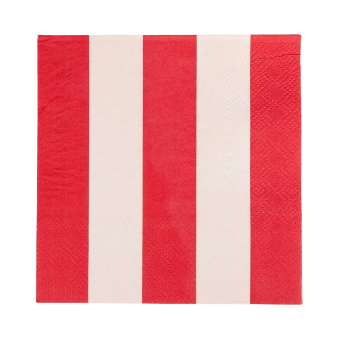 Red and white striped napkin classic square design for birthday from Parte Haus party supply store in Bethesda MD.