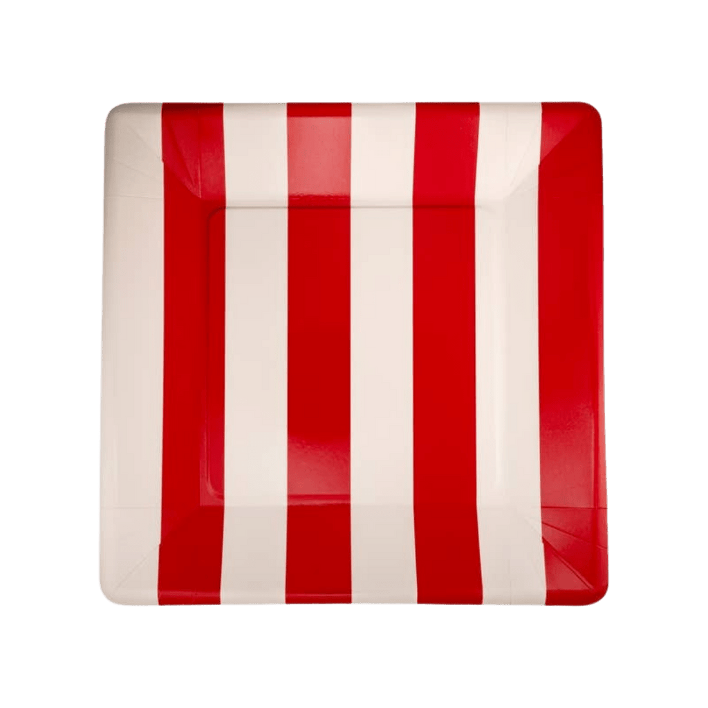 Red and white striped square paper plate for carnival or birthday from Parte Haus party supply store in Bethesda, MD.
