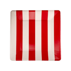 Red and white striped square paper plate for carnival or birthday from Parte Haus party supply store in Bethesda, MD.