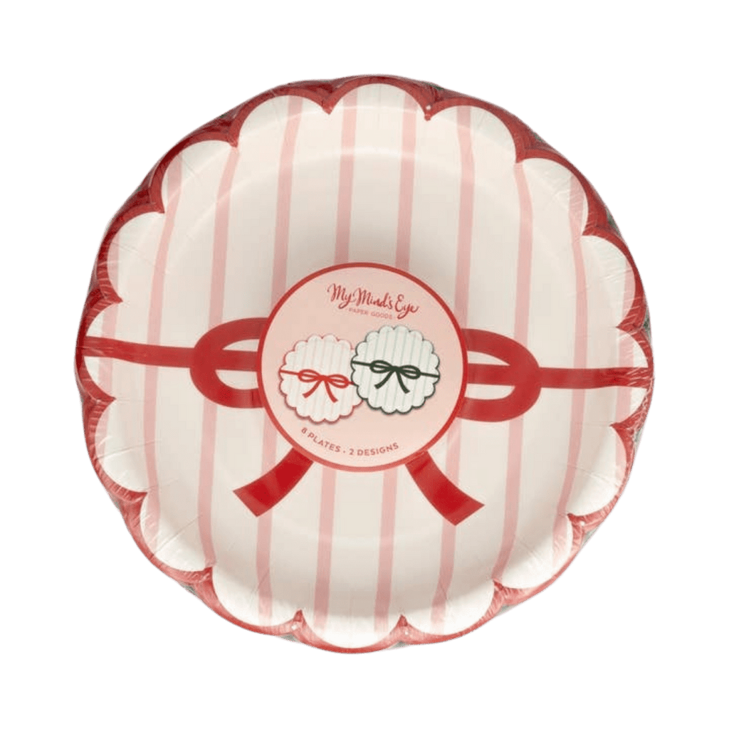 Red striped paper plate with scalloped edge Christmas design from Parte Haus party supply store in Bethesda MD