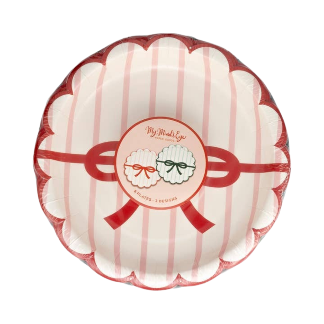 Red and Green Striped with Bows Scalloped Small Appetizer Dessert Plates