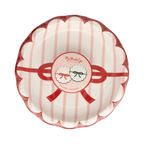 Red striped paper plate with scalloped edge Christmas design from Parte Haus party supply store in Bethesda MD