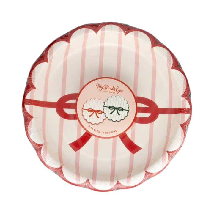 Red and Green Striped with Bows Scalloped Small Appetizer Dessert Plates
