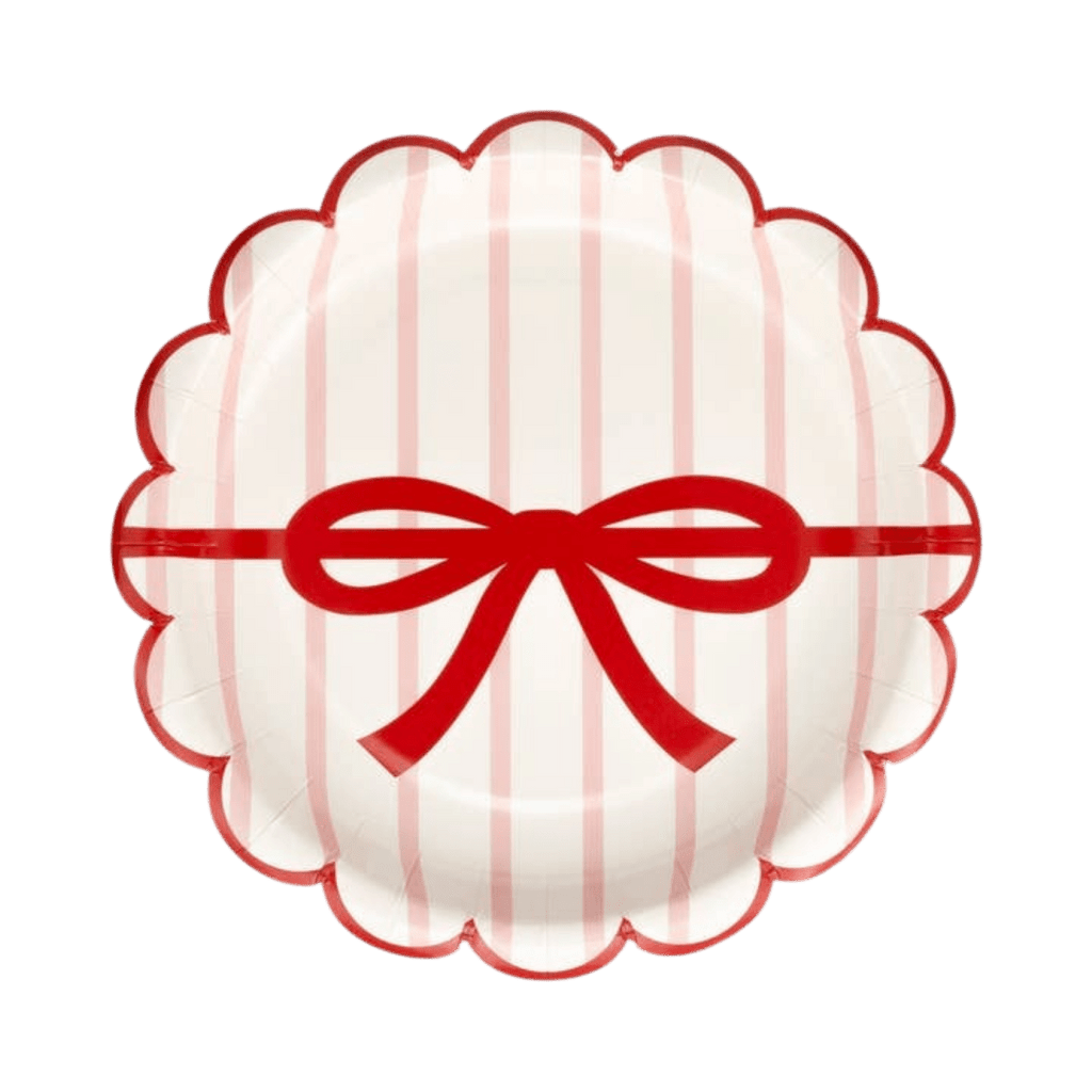 Red and white striped scalloped paper plate with bow for birthday from Parte Haus party supply store in Bethesda MD