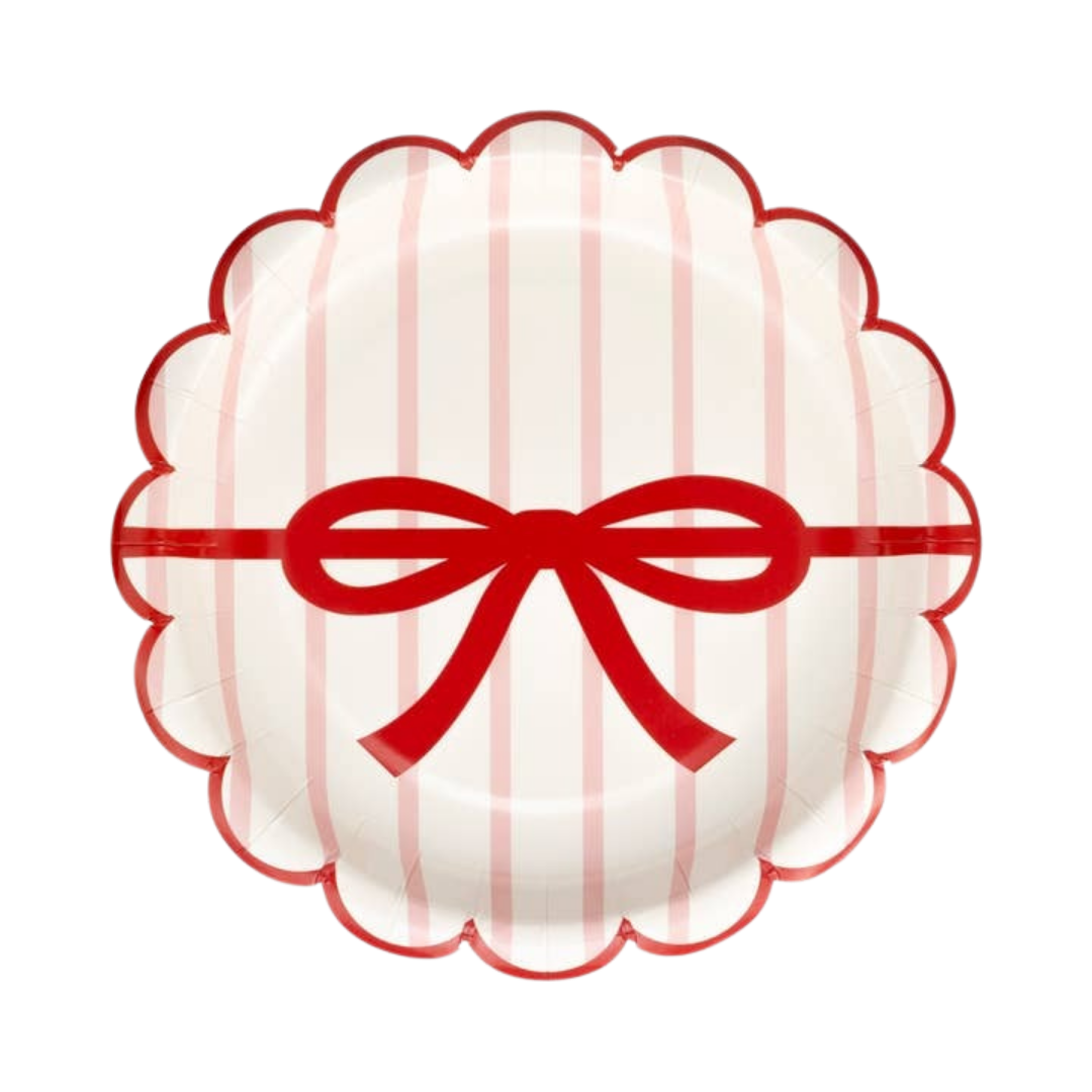 Red and Green Striped with Bows Scalloped Small Appetizer Dessert Plates