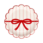 Red and white striped scalloped paper plate with bow for birthday from Parte Haus party supply store in Bethesda MD