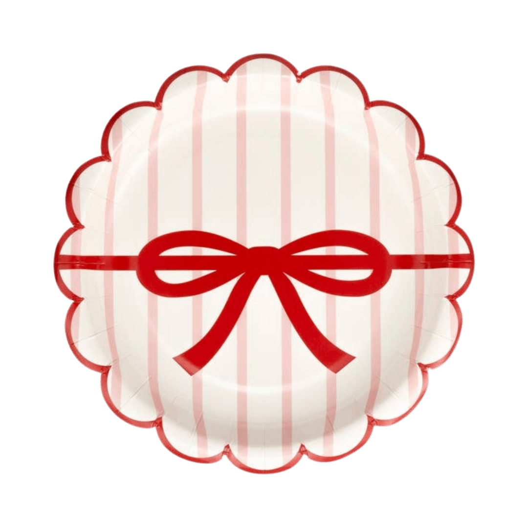 Red and white striped scalloped paper plate with bow for birthday from Parte Haus party supply store in Bethesda MD