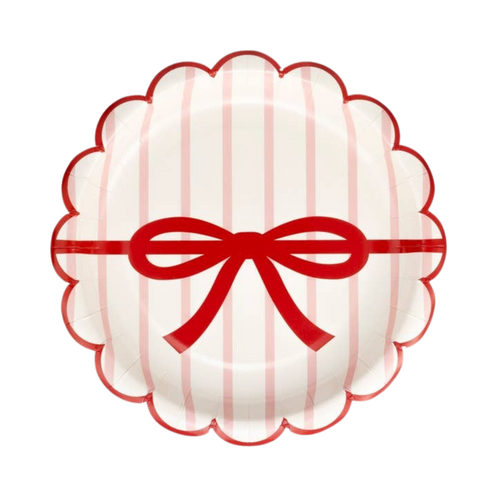 Red and Green Striped with Bows Scalloped Small Appetizer Dessert Plates