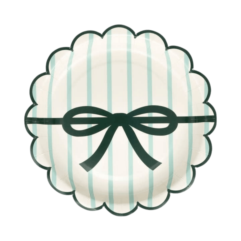 Mint striped scalloped paper plate with bow accent birthday theme from Parte Haus party supply store in Bethesda MD