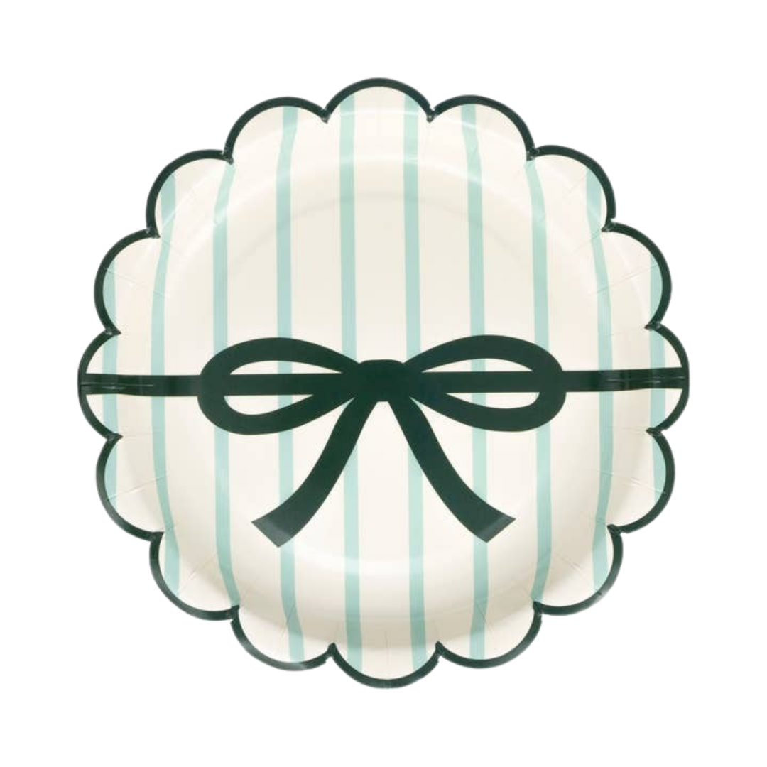 Red and Green Striped with Bows Scalloped Small Appetizer Dessert Plates