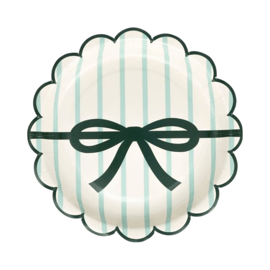 Mint striped scalloped paper plate with bow accent birthday theme from Parte Haus party supply store in Bethesda MD