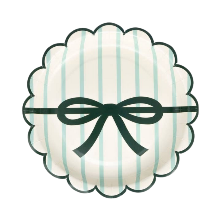 Red and Green Striped with Bows Scalloped Small Appetizer Dessert Plates