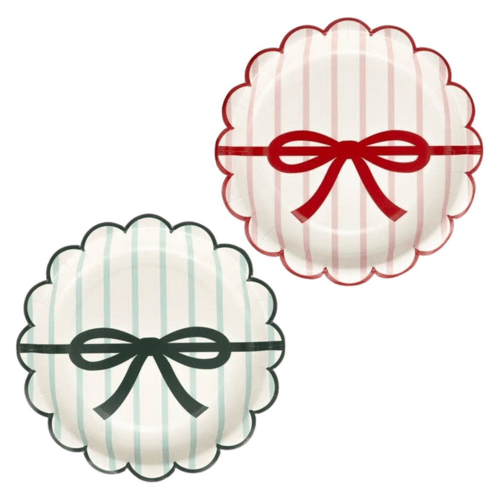 Red and green striped scalloped plates with bow design festive party theme from Parte Haus party supply store in Bethesda MD