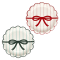 Red and green striped scalloped plates with bow design festive party theme from Parte Haus party supply store in Bethesda MD