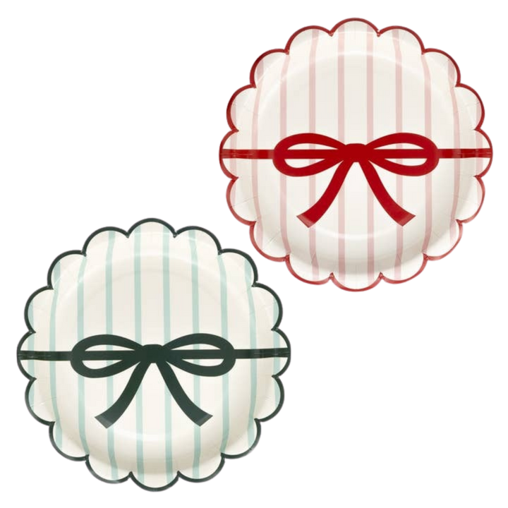 Red and Green Striped with Bows Scalloped Small Appetizer Dessert Plates