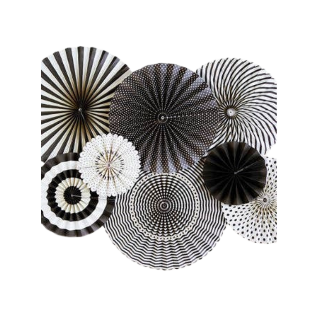 Black white paper fans with geometric patterns modern celebration decor from Parte Haus party supply store in Bethesda Maryland