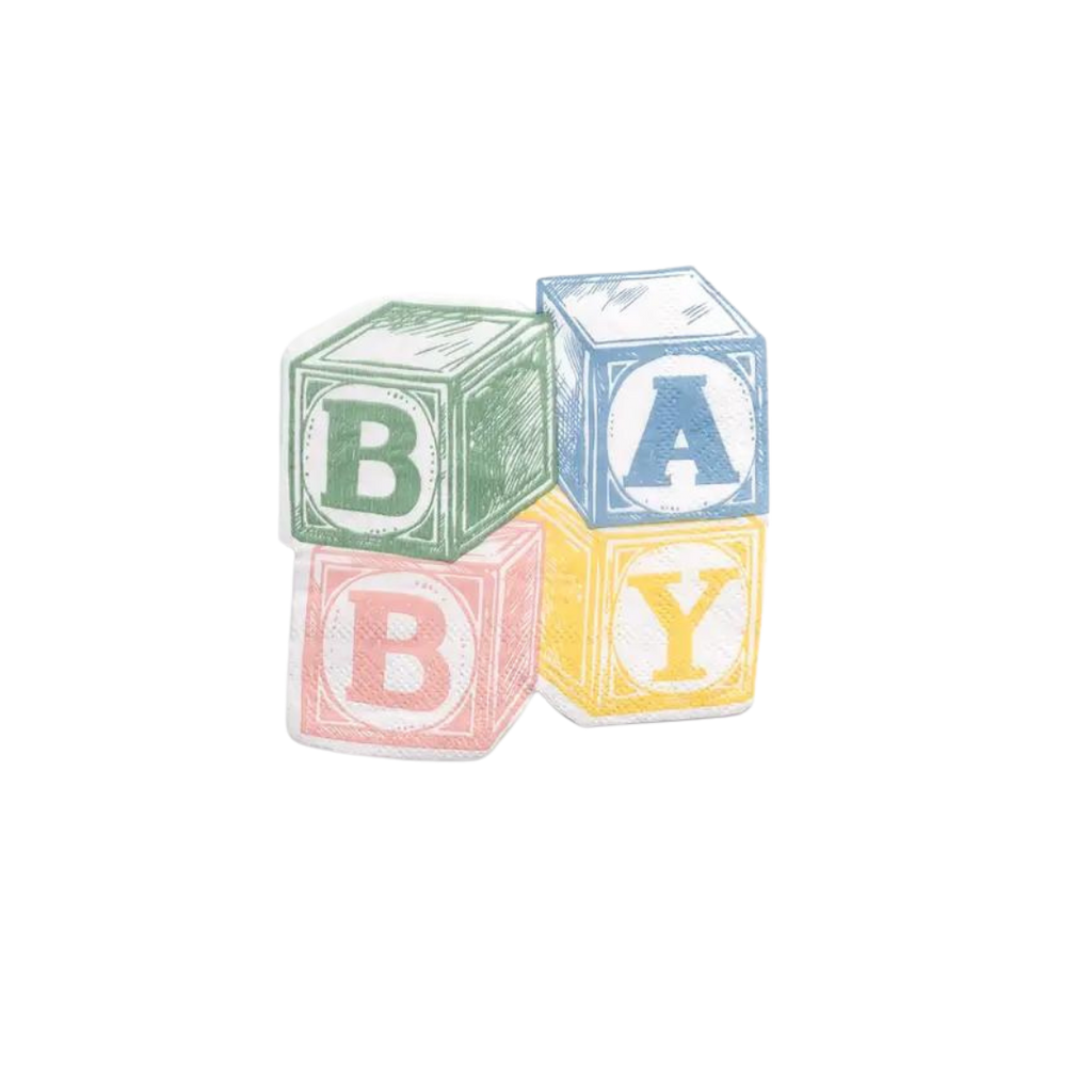 Pastel baby blocks beverage napkin with BABY text for baby shower from Parte Haus party supply store in Bethesda Maryland