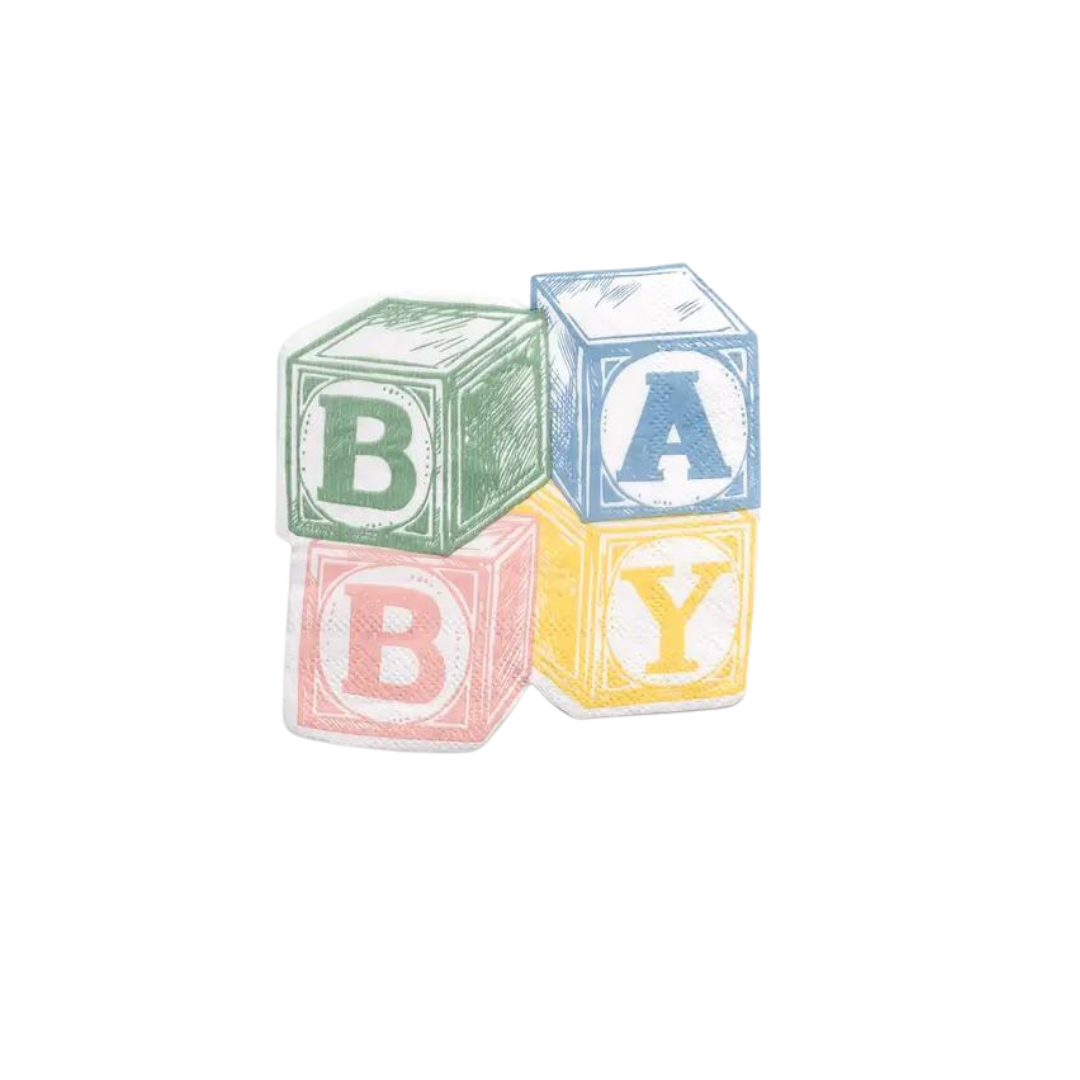 Pastel baby blocks beverage napkin with BABY text for baby shower from Parte Haus party supply store in Bethesda Maryland