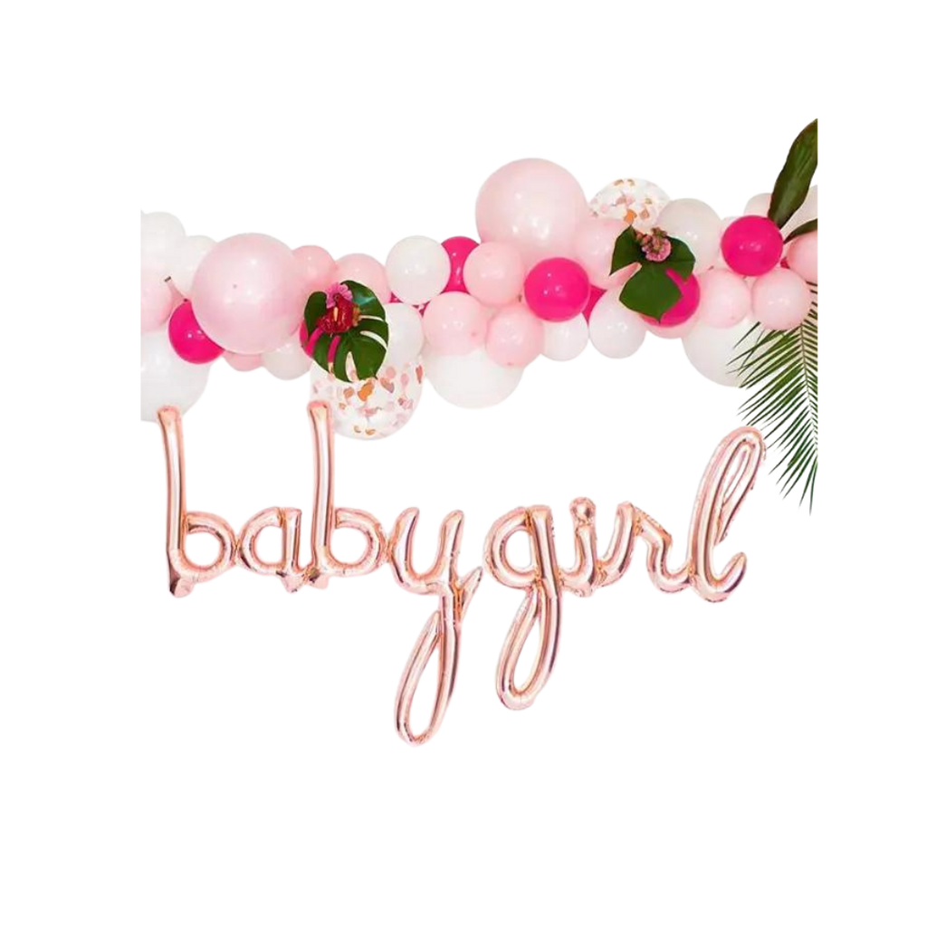 Pink baby girl balloon garland decoration kit for baby shower from Parte Haus party supply store in Bethesda MD