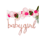 Pink baby girl balloon garland decoration kit for baby shower from Parte Haus party supply store in Bethesda MD