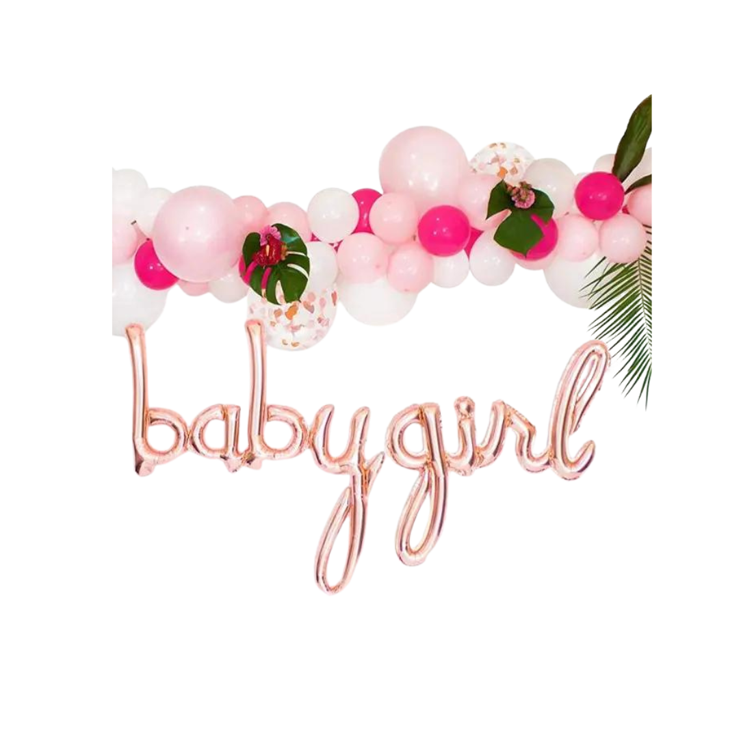 Pink baby girl balloon garland decoration kit for baby shower from Parte Haus party supply store in Bethesda MD