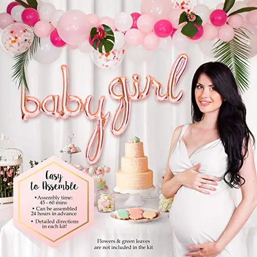 Pink baby girl shower decoration kit with balloons and cake for baby shower from Parte Haus party supply store in Bethesda MD