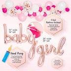 Pink and gold baby girl shower decoration kit with balloons and foil script from Parte Haus party supply store in Bethesda MD