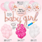 Pink and rose gold baby shower decoration kit with balloons and foil baby girl sign for baby girl theme from Parte Haus party supply store in Bethesda Maryland